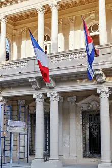 Havana Prints: West Indies, Cuba, Havana. French and Cuban flags fly from building