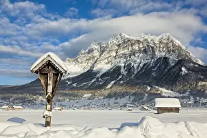 Region Prints: Wetterstein mountain chain with Mt. Zugspitze from Ehrwald with wayside cross, Austria