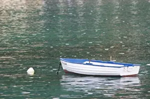 Quay Prints: A white and blue rowing boat moored by a white buoy on a green sea. Uvala Sumartin