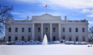 District Of Columbia Prints: White House Fountain Flag After Snow Pennsylvania Ave Washington DC