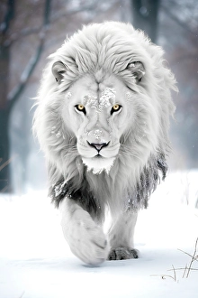 AI Generated Image Prints: White lion walking in snow. ©Jim Zuckerman / Jaynes Gallery / DanitaDelimont.com (AI)