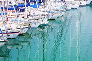Aqua Prints: White sailboats in blue water
