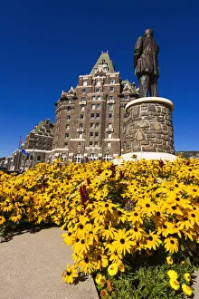 William C Van Horne statue and flowers at the Banff Springs Hotel, Banff National Park