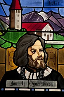 Bishop Prints: Window commemorating a 16th Century church martyr and bishop in the Akureyri Lutheran Church