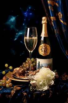 Ai Generated Prints: Wine bottle and glass. (AI Generated)