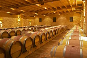 Aging Prints: in the wine cellar: Barriques barrels - Chateau Grand Mayne, Saint Emilion, Bordeaux