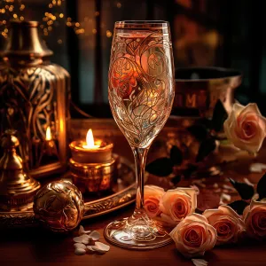 Images Dated 30th July 2024: Full wine glass on table. Art Nouveau style. (AI Generated)