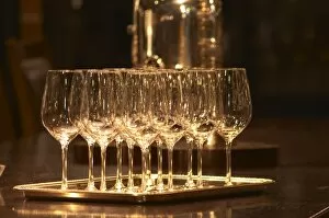 Wine tasting glasses standing on a silver tray in a tasting room Ulriksdal Wardshus Restaurant