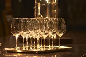 Wine tasting glasses standing on a silver tray in a tasting room Ulriksdal Wardshus Restaurant