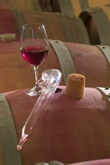 Wine thief and glass of red wine on top of barrel at Adelsheim Winery in the Willamette