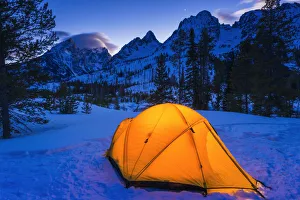 Dark Prints: Winter camp at dusk under the Tetons, Grand Teton National Park, Wyoming USA