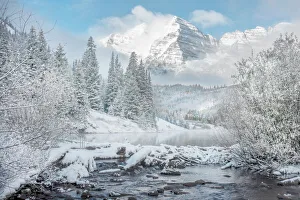 Aspen Prints: Winter comes to the maroon bells near Aspen Colorado in the Rocky Mountains