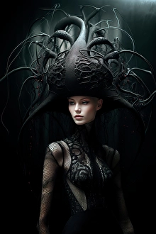 AI Generated Image Prints: Woman in black lace and exotic hat
