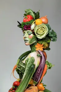 One Person Prints: Woman with a body of vegetables. (AI Generated)
