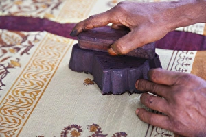 Fabric Prints: Woman doing block print on fabric, Jaipur, Rajasthan, India