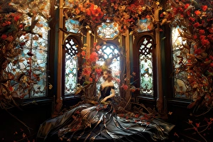 Room Prints: Woman with flowing dress and flowers in room
