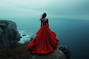 Ai Generated Prints: Back of woman in red flowing gown facing ocean. (AI Generated)