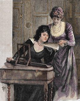Holding Prints: Women with a harpsichord. Colored engraving, 1895