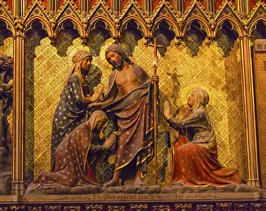 Notre Dame Prints: Women Praying Jesus Christ wooden panel statues, Notre Dame Cathedral, Paris, France