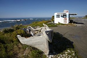 Crayfish Prints: Wooden dinghy, and Nins Bin lobster caravan, Kaikoura Coast, Marlborough, South Island