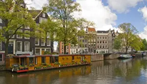 Houseboat Prints: A wooden houseboat with lots of flowers on Prinsengracht Canal with colorful buildings
