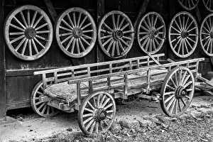 Wagon Prints: Wooden wagon wheels, Old Yoshimaya house, Hida No Sato, Hida Folk Village, Takayama, Japan