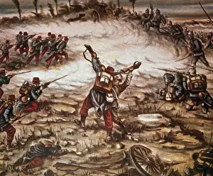 Fight Prints: WORLD WAR (1914-1918). Battle between German and French troops. Drawing