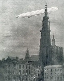 Royal Palace Prints: WORLD WAR I (1914-1918). First german zeppelin over Antwerp the night of August 25th
