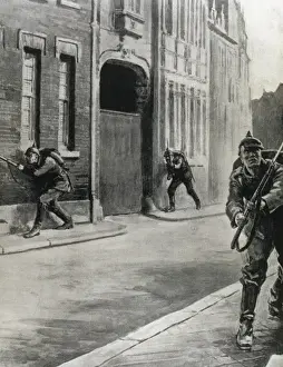 Liege Prints: World War I (1914-1918). German troops entering in Liege. Drawing by Philip Dadd (1915)