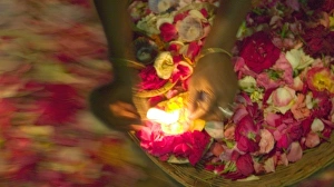 Ceremony Prints: Worship ceremony at night by Ganges River, Varanasi, India