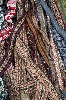 Images Dated 17th May 2005: Woven straps displayed in market, Chinchero (near Cuzco), Peru