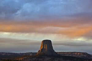 Land Prints: WY, Devils Tower National Monument, Storm at Sunset