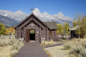 Walk Way Prints: WY, Grand Teton National Park, Chapel of the Transfiguration with Teton Range