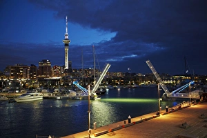 Sky Scraper Prints: Wynyard Crossing bridge, and Skytower, Auckland waterfront, North Island, New Zealand