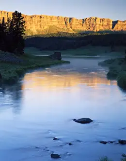 Plateau Prints: WYOMING. USA. Brooks Lake Creek & Brooks Lake below Breccia Cliffs at sunrise