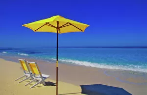 Images Dated 21st April 2005: Yellow beach umbrella and chairs on pristine beach, Bimini Island, Bahamas
