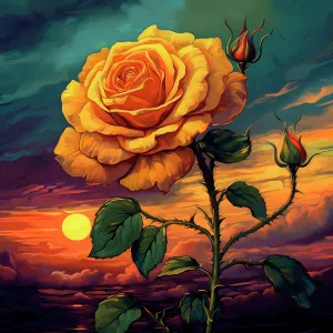 Danita Delimont AI Batch 2 High Res 133 Prints: Yellow rose against sunrise. Painting-style. (AI Generated)