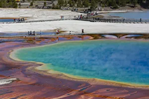 Images Dated 8th January 2022: Yellowstone National Park, USA, Wyoming. Grand Prismatic Spring with tourist