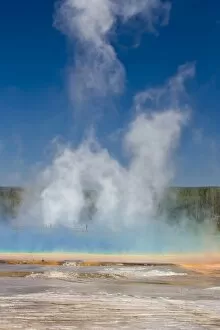 Yellowstone National Park, Wyoming. Steam rises from Grand Prismatic Hot Spring