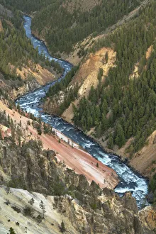 Prints of Yellowstone River cutting through colorful rhyolite cliffs, Grand Canyon of the Yellowstone, Yellowstone National Park USA Prints: Yellowstone River cutting through colorful rhyolite cliffs