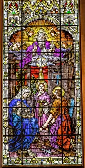 Jesus Prints: Young Jesus, Mary, Joseph and God the Father stained glass Gesu Church
