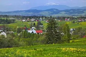 Nestled Prints: Zakopane nestled in the Tatra Mountains with farmlands, Poland