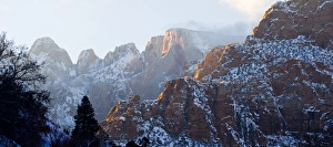 Powerful Prints: Zion National Park, Utah. USA. Mist blows around Towers of the Virgin after heavy