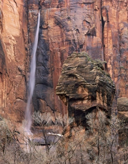 Images Dated 3rd April 2012: Zion National Park, Utah. USA. The Pulpit & ephemeral waterfall during winter rain