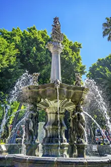 Puebla Prints: Zocalo Park Plaza San Miguel Archangel Fountain Puebla, Mexico. Fountain built in 1777